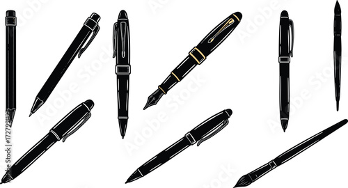Set of black pens, ballpoint pen, fountain pen, ink pen, brush pen, office stationery, school supplies, elegant writing instruments collection