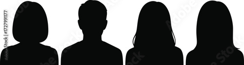 Silhouette of diverse group of four anonymous people standing side by side in profile minimalistic concept illustration, vector image background