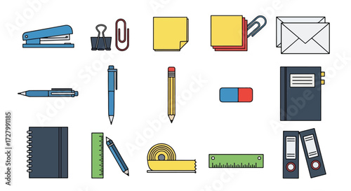 A collection of various office and school supplies, including staplers, pens, pencils, erasers, notebooks, and rulers, presented in a clean, flat design style.