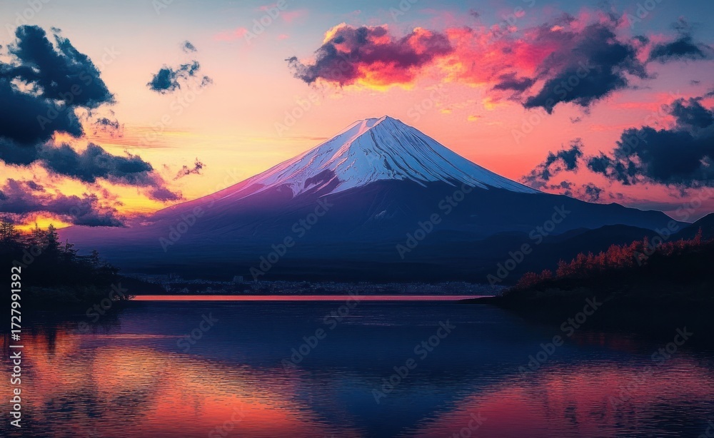 Fototapeta premium Majestic snow-capped mountain during vibrant sunset with colorful sky and dramatic clouds reflected in calm lake waters surrounded by dark forest silhouettes