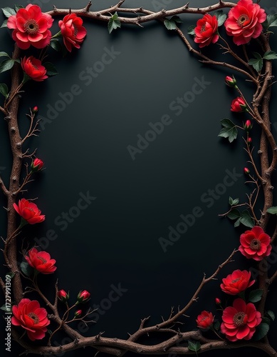 Fantasy Gothic dark background bordered with dry branches thorns ivy and red flowers Worn black grunge old backdrop framed by horror dry branches and thorns color pop contrast border background  spo