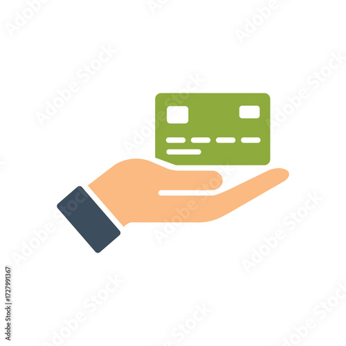 Offering a modern green credit card on an open palm against a white background