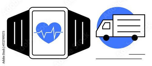 Smartwatch with heart rate monitor and truck illustration highlighting synergy between wearable tech, health monitoring, and transportation. Ideal for healthcare, logistics, telemedicine, technology