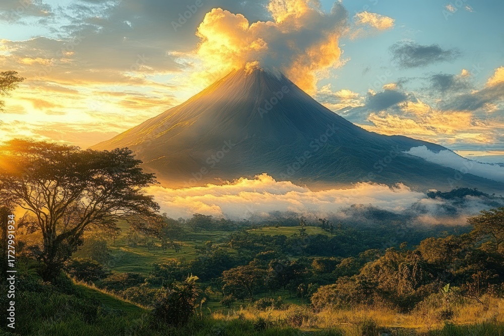 Obraz premium Majestic volcano emitting glowing smoke at sunrise over lush green forest and misty fields creating a serene and awe-inspiring natural landscape
