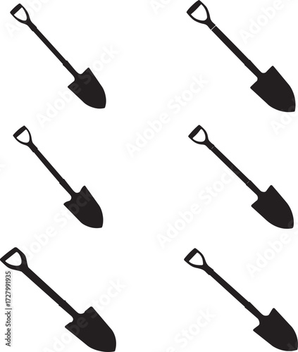 Six black silhouettes of garden shovels arranged in three rows