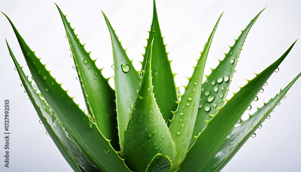Obraz premium Aloe Vera Plant With Water Droplets On Thick Green Leaves Isolated On White Background