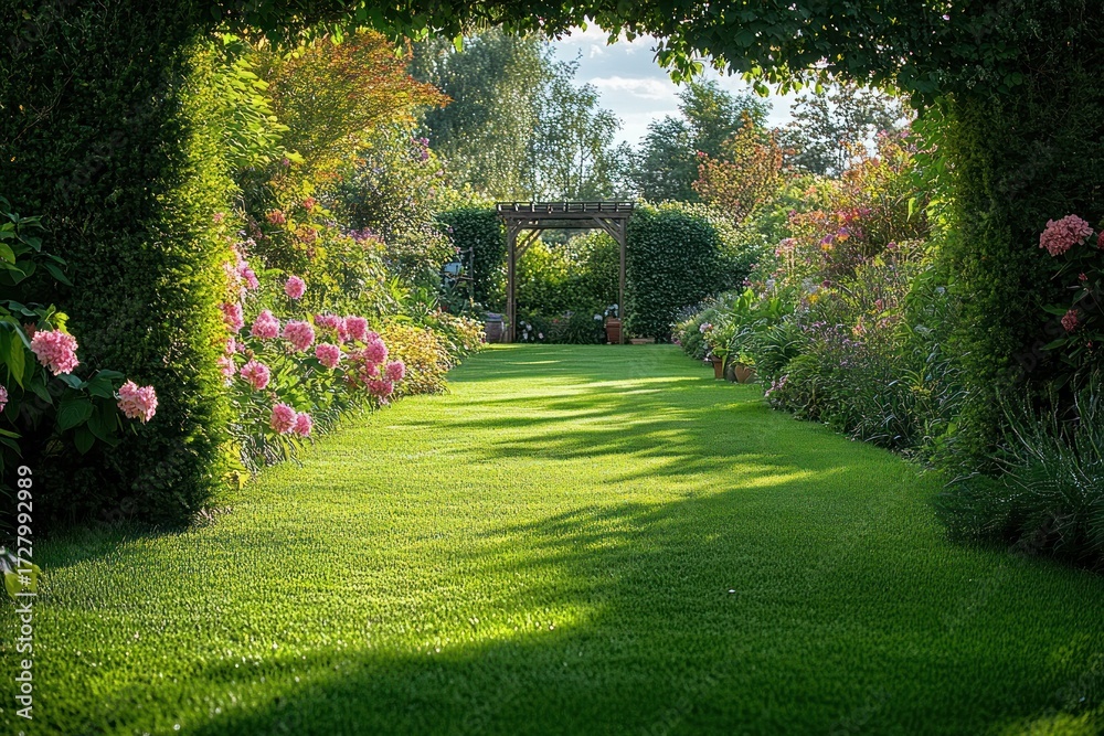 Obraz premium Sunlit garden pathway framed by lush green foliage and blooming pink flowers leading to a wooden pergola under a partly cloudy sky