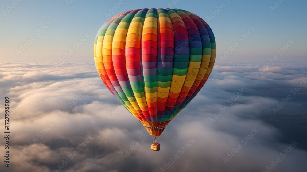 Naklejka premium Colorful Hot Air Balloon Floating Above Fluffy Clouds at Sunrise in a Stunning Sky Landscape with Vibrant Colors and Serene Atmosphere