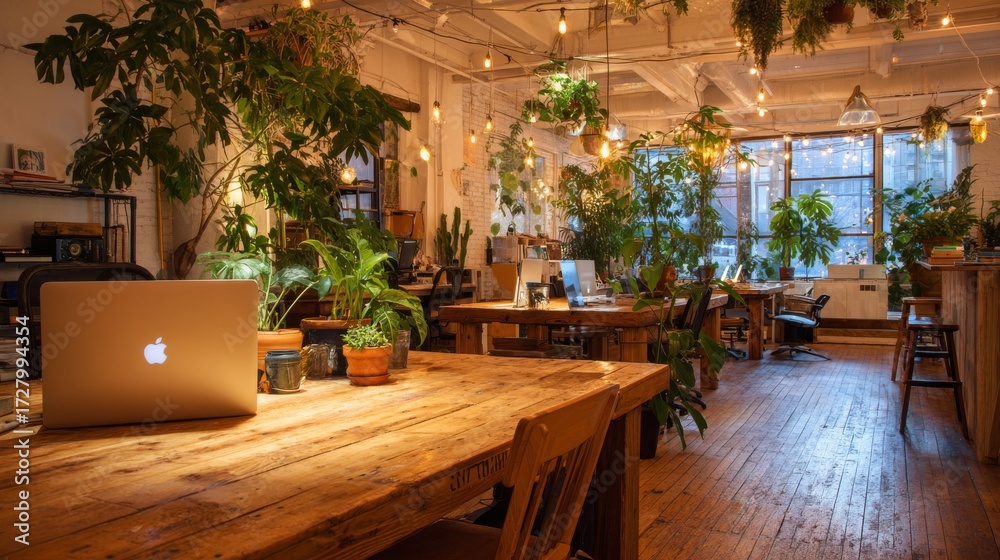 Fototapeta premium Cozy coworking office interior with wooden tables, warm lighting, and laptops, collaborative workspace highlighting remote culture, modern design, and the stylish lifestyle of contemporary offices