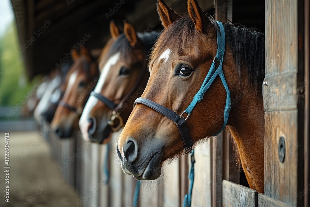 Fototapeta premium Close-up view of multiple brown horses wearing blue halters standing in wooden stable doors looking outside with calm expressions