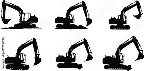 Silhouette excavator machines, heavy construction equipment, crawler digging vehicles, earthmoving machinery, industrial excavators, building site equipment, excavation tools, land moving machines, 