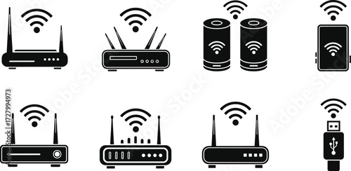 Wi-Fi router, mesh system, access point, wireless adapter, network device, signal icon, internet hardware, connectivity, technology, home networking, digital communication, smart device