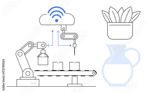Robotic arm assembling products on a conveyor with cloud-connected systems, plant pot, and jug. Ideal for automation, IoT, smart factories, productivity, technology, innovation simple flat metaphor