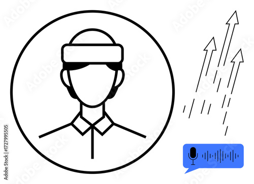 User with headset indicating voice interaction, upward arrows for growth, microphone symbol for AI functionality. Ideal for voice recognition, AI growth, innovation, tech development, virtual