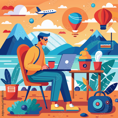 vibrant vector scene of a digital nomad working on a laptop at a cozy cafe with a stunning beach view, featuring a backpack, passport, smartphone, and a cup of coffee on the table, with icons of wifi,