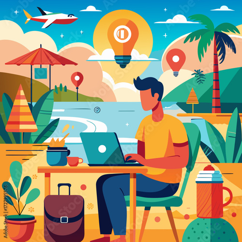 vibrant vector scene of a digital nomad working on a laptop at a cozy cafe with a stunning beach view, featuring a backpack, passport, smartphone, and a cup of coffee on the table, with icons of wifi,