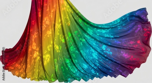 A vibrant rainbow fabric cascades in flowing folds, its spectrum of colors creating a dynamic and eyecatching display of textile artistry isolated on white background