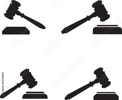 Four black silhouettes of gavel and sounding block on white background