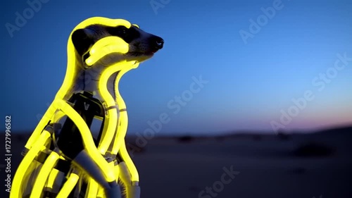 Futuristic meerkat illuminated by neon lights stands sentinel at twilight