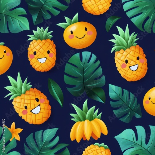 Seamless pattern of smiling pineapples, bananas, orange fruits, and green tropical leaves on a dark background expressing happiness and fun