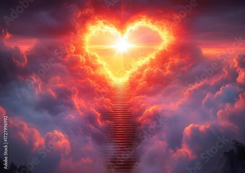 Stairway ascending through vibrant clouds towards radiant heart-shaped opening filled with bright sunlight, evoking a sense of hope and transcendence