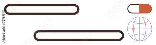 Progress bars with rounded edges, capsule pill, and globe with red marker. Ideal for progress tracking, global health, medicine, technology, healthcare advancements, data analysis simple flat