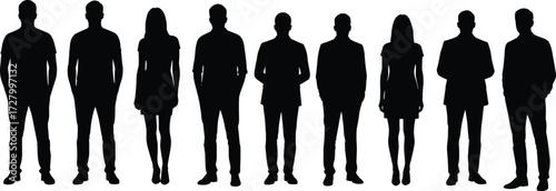 Silhouette of diverse business people standing together, professional teamwork concept, corporate group illustration, modern office colleagues, leadership unity background