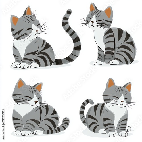 Four illustrations of a cute grey tabby cat with dark stripes sitting and smiling with eyes closed in different poses on a white background