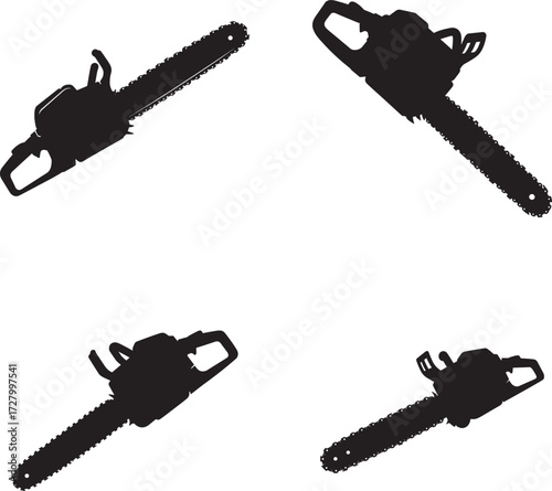 Four silhouetted chainsaws displayed from different angles on a white background