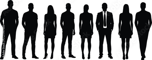 Silhouette of diverse business people standing together, teamwork concept, professional group illustration, modern office colleagues, leadership unity, corporate success background