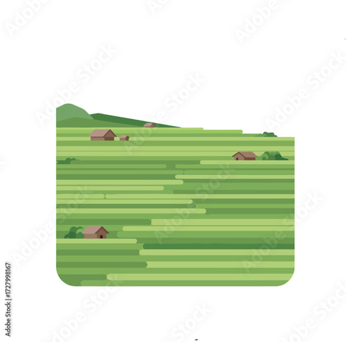 A picturesque rural landscape featuring terraced fields and small cottages nestled amongst rolling green hills, evoking a sense of tranquility and natural beauty