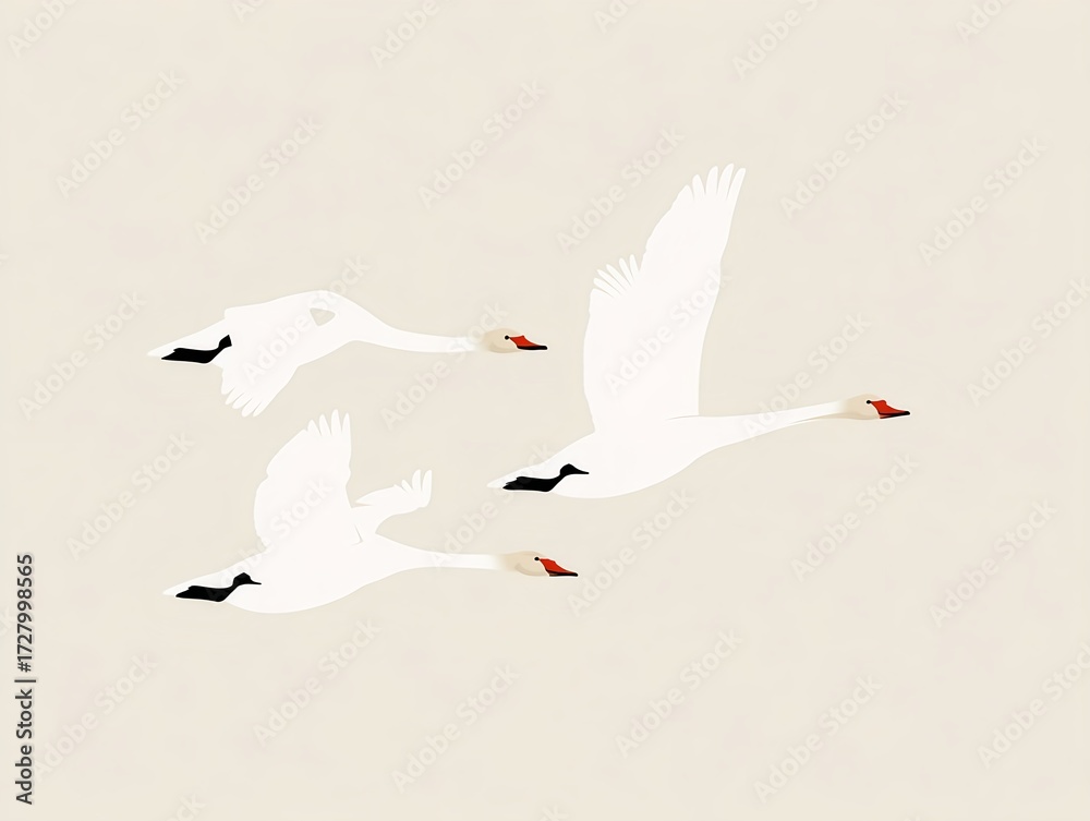 Obraz premium Minimalist cartoon depiction of three swans soaring across a clear background with bold flat tones and clean lines
