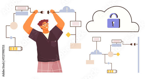 Man linking cables in a cloud network system. Emphasizes workflow, data security, innovation, technology, teamwork, problem-solving, and IT efficiency. Ideal for simple flat metaphor
