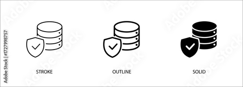 Database icon with shield for data security, information technology, computer, protection. Editable vector stroke icon, outline and solid. Eps10 file.