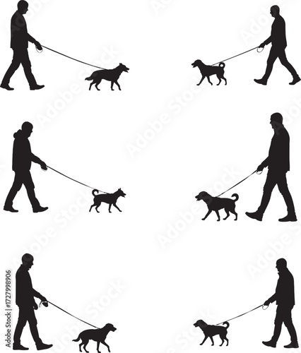 Silhouettes of people walking dogs on leashes in various poses