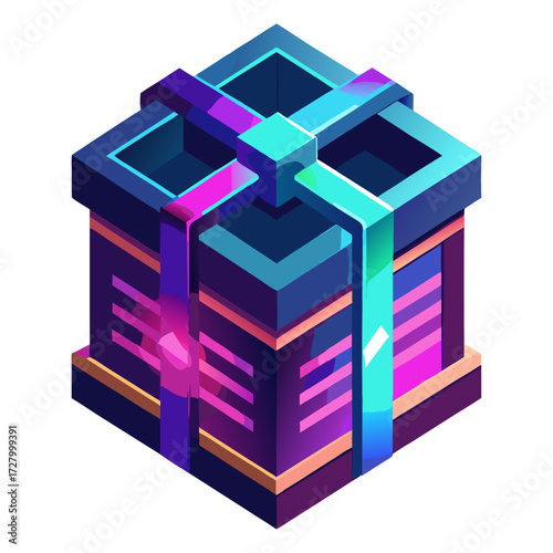 A vibrant isometric illustration of a futuristic gift box or loot crate, designed with geometric shapes, glowing neon strips, and secured with a stylized ribbon in purple, blue, and teal colors.