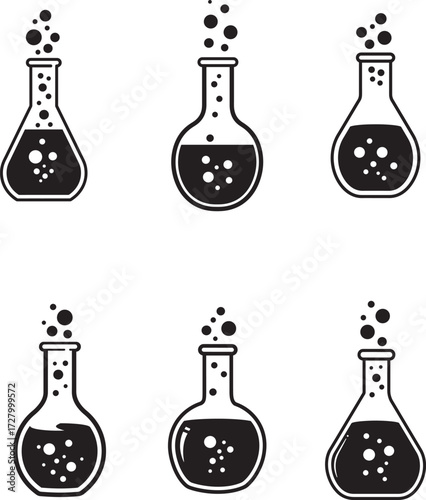 Six hand drawn illustrations of bubbling laboratory flasks with dark liquid