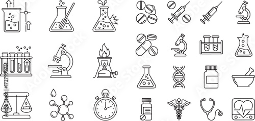 A comprehensive set of science, chemistry, and medical outline icons.