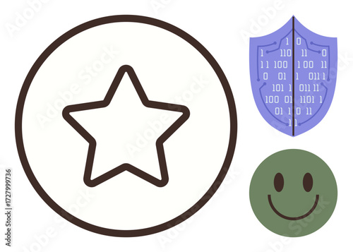 Star symbol in a circle, a digital shield with binary code, and a green happy face. Ideal for quality assurance, cybersecurity, user satisfaction, reliability, technology, reviews simple flat