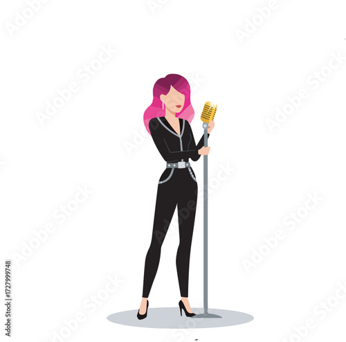 A woman in a jumpsuit singing into a vintage microphone, exuding style and confidence