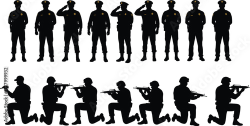 Silhouette of military soldiers and police officers, saluting heroes, armed forces, defense teamwork, law enforcement, security protection, national service, unity, respect