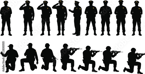 Silhouette of military soldiers and police officers, standing saluting, armed forces teamwork, law enforcement security, national defense protection, unity, honor, respect