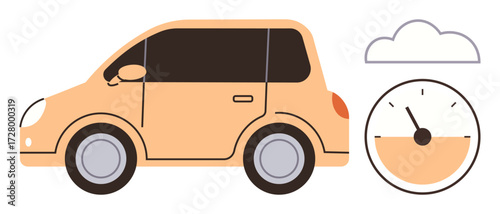 Small sedan alongside a speedometer and cloud icon emphasizing energy efficiency and sustainable driving. Ideal for automotive, sustainability, eco-consciousness, transportation, speed, mobility