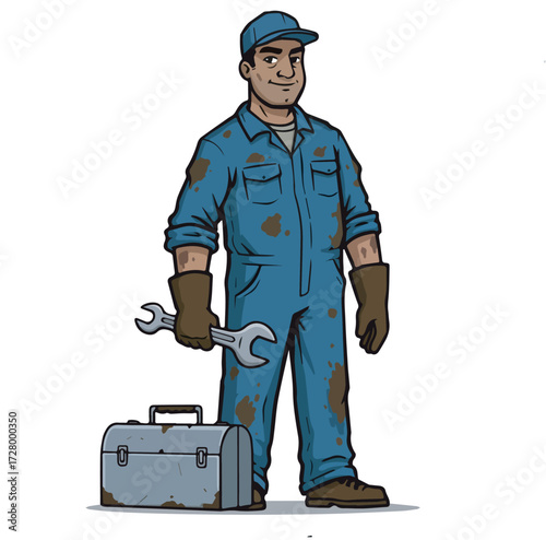 Confident cartoon mechanic in dirty blue work clothes, holding a wrench next to his toolbox, ready for professional repair, service, and maintenance duties