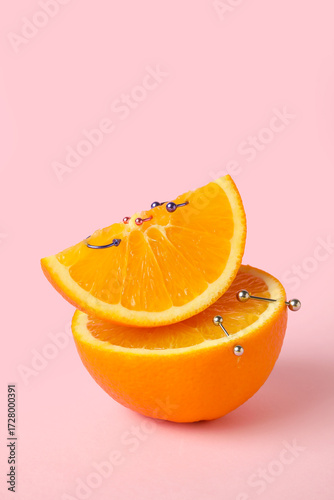 Pieces of orange fruit with...