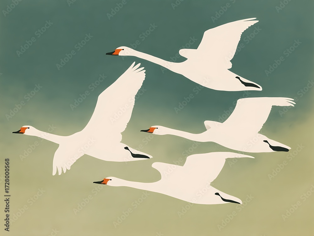 Obraz premium Four white swans flying together in a minimal flat illustration style
