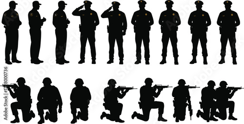 Silhouette of police officers and military soldiers, teamwork in defense, law enforcement protection, armed forces security, national service, unity, honor, respect