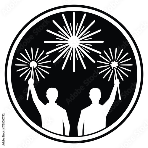 Two figures holding sparklers black and white illustration