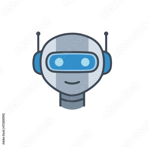 Robot Head with Antennae Friendly AI Symbol in Blue and Grey, Vector Illustration
