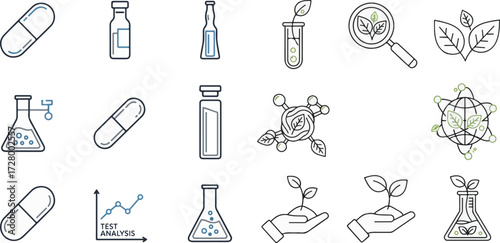 Pharmaceutical and Biotechnology Line Icons Set